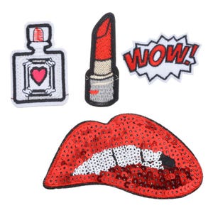 4PCs Fixed Mix Iron On Patches Clothing Lipstick Mouth Patches Applique Embroidered Fabric Badges Jeans Decoration