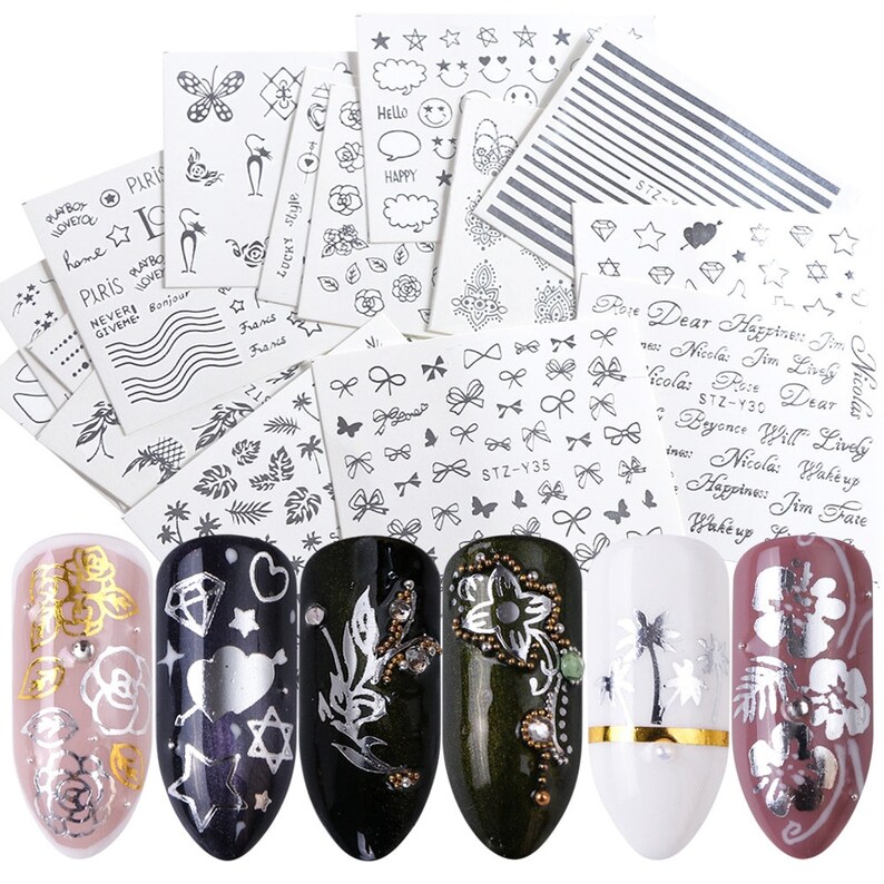 16 Designs Nail Stickers Decals Water Transfer Nail Wraps Etsy