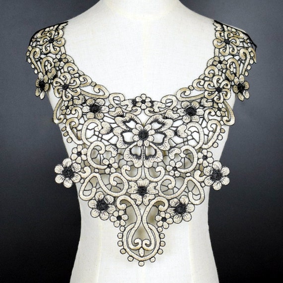 Black Beige Collar Venise Sequin Floral Embroidered Applique | Etsy