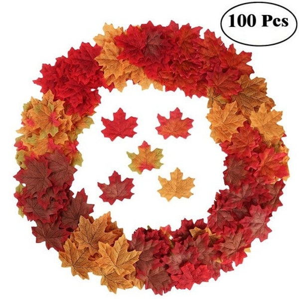 100 Pcs Artificial Maple Leaves Simulation Decorative Silk Maple Leaves Fake Fall Leaves for Home Wedding Party Decor Mixed