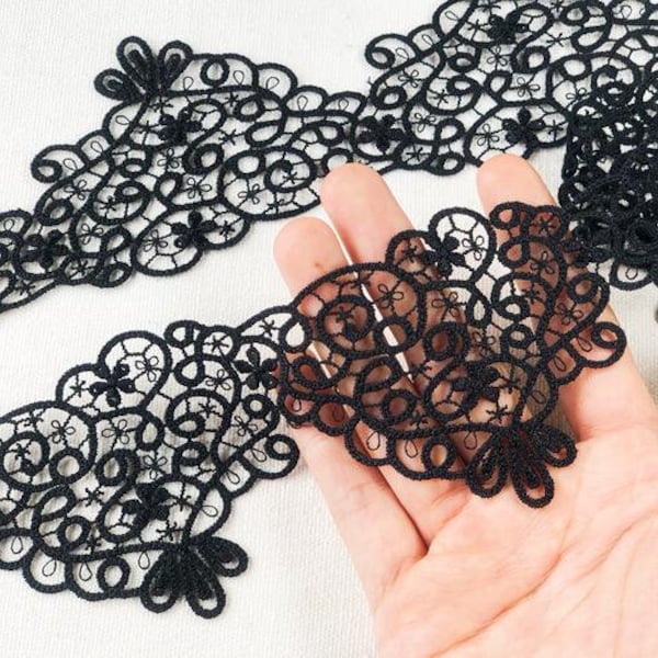 7CM Large HOT Black Embroidery Flower Lace Fabric Trim Ribbon DIY Couture Bridal Applique Collar Dubai Guipure Dress Wedding Decor