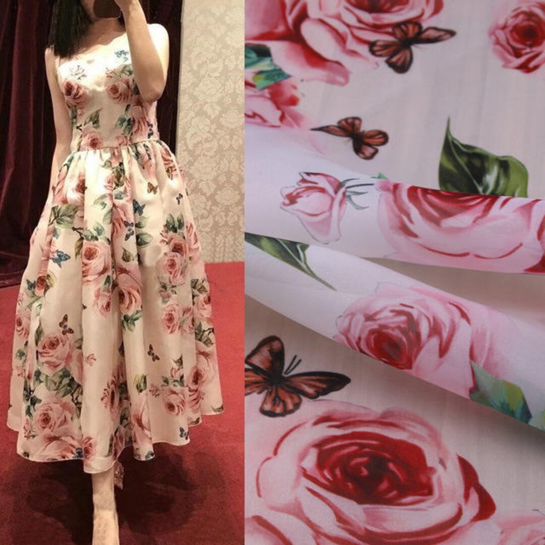 Pink Rose Flowers Printed Chiffon Fabric, Women Dress Chiffon Crisp
