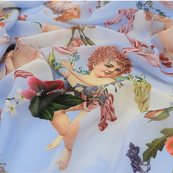 2019 New Fashion Angel Wings Digital Painting Chiffon Fabric for Summer Dress Shirt Telas Por Metros Tissusu Au Metre Vestidos DIY