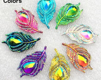 New 10pcs Fashion Style Sew on Crystal Rhinestones Peacock Feathers Flatback Leaf Shape 20*38mm Handsewing Gem Stones