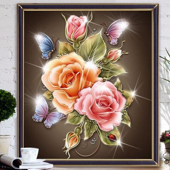 New 5D DIY Diamond Painting Flowers Diamond Mosaic Cross Stitch Magic Cube  Square or Round Diamond Embroidery Colorful Rose & Butterfly 