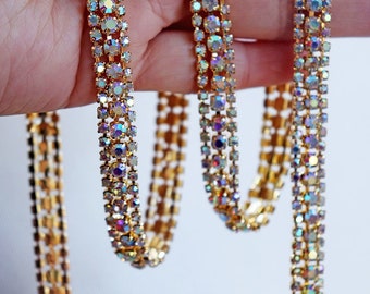0.8cm Gold Beaded Rhinestone Crystal Trim Iron On Diamond Ribbon Wrap Dress Trim Sewing Accessories DIY Wedding Cake Party Decor