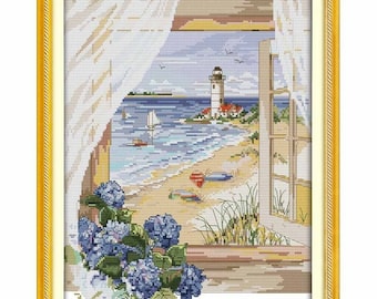 Seascape Outside the Window Counted Cross Stitch 11CT 14CT Cross Stitch Set Landscape Cross-stitch Kits Embroidery Needlework