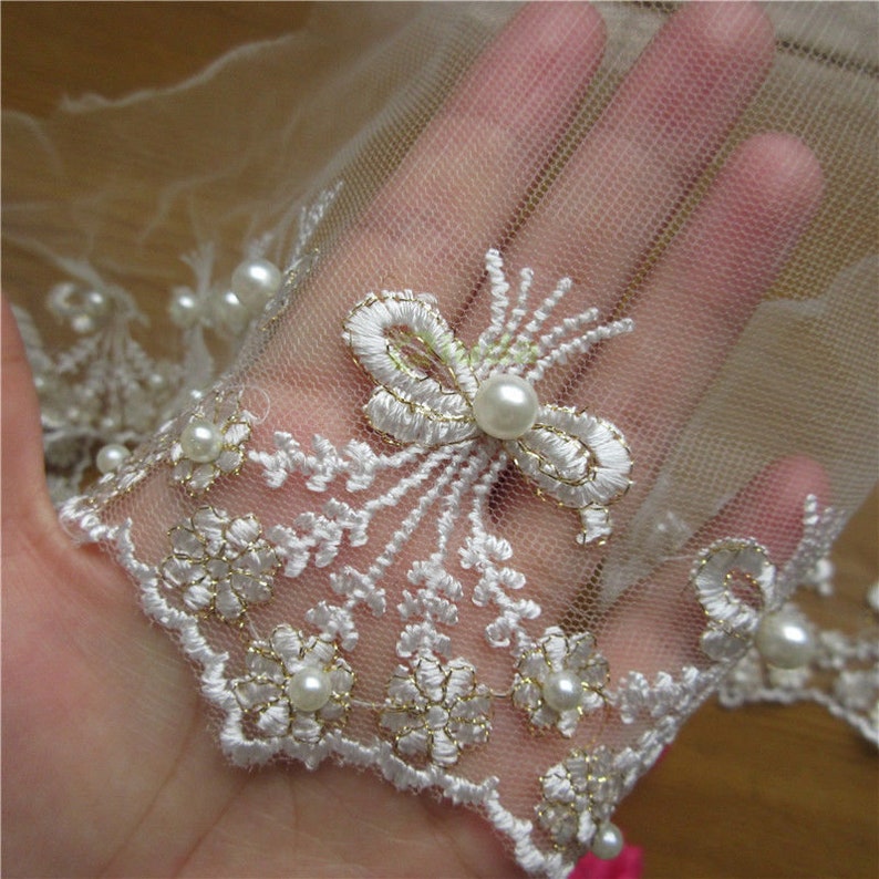 1 yd Embroidered Cotton Pearl Net Floral Lace Edge Trim Wedding Ribbon Applique 1 yd Embroidered Cotton Pearl Net Floral Lace Edge Trim Wedding Ribbon Applique