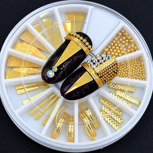 Mix Shapes Gold Metal Bars BENT Rectangle Triangle Beads Rivets Nail Art Gems Decoration Rhinestones Wheel DIY Tips