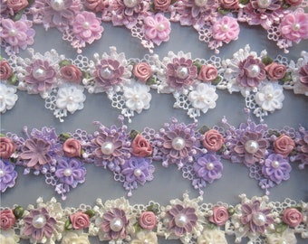 1 Yard Vintage 3D Flower Pearl Rose Lace Trim Ribbon Wedding Applique Sewing Craft