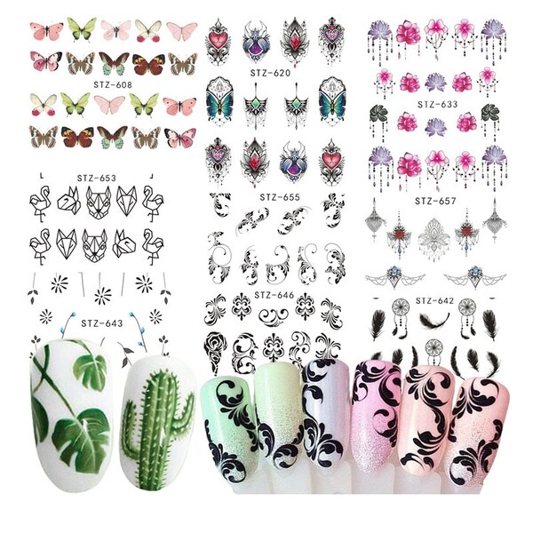 40pcs/1 Lots Mixed Designs Nail Art Water Transfer Sticker Jewelry Flower Decals Nails Watermark Tattoo Nail Tools