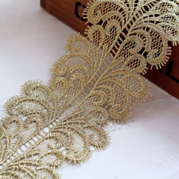 1 Yard Vintage Gold Metalic Gold Lace Trim Scalloped Lace Trim Ribbon By the Yard Costume Sewing Applique Dress Edge DIY Craft