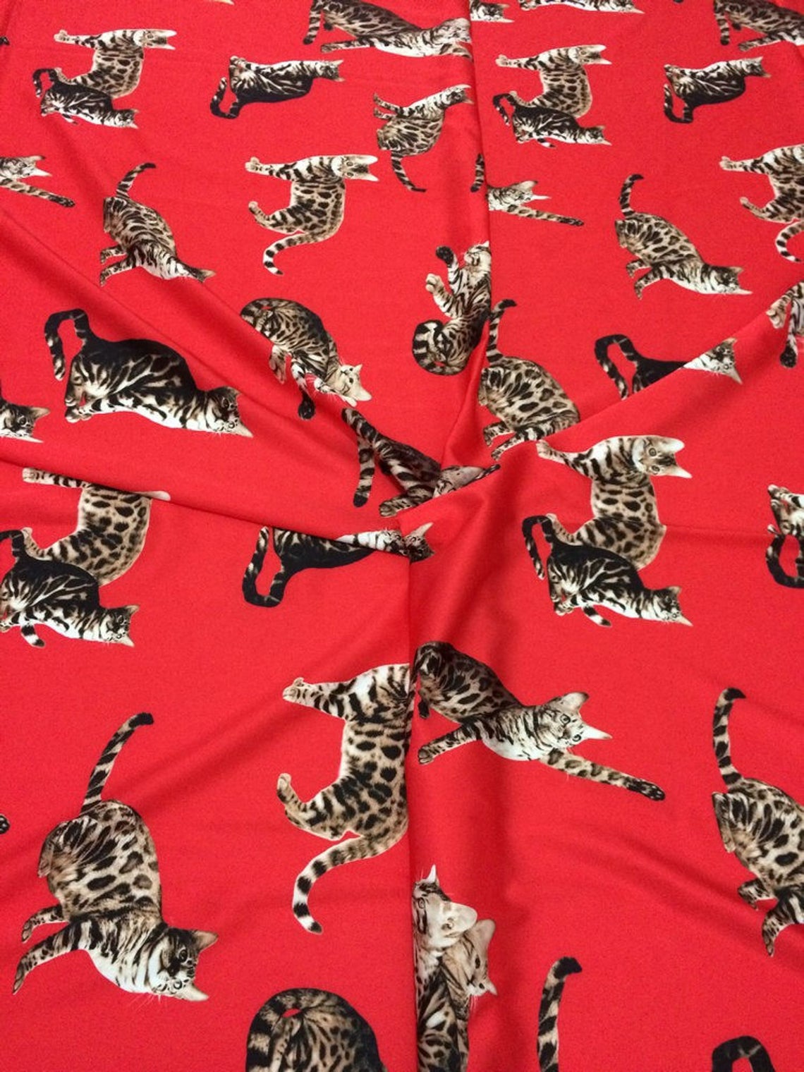 Polyester Silk Satin Fabric Animal Red Cat Print Silk Stretch Etsy