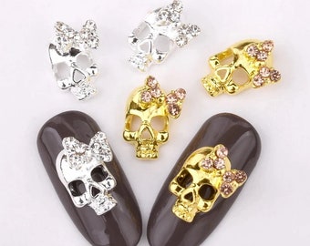 Lot 10Pcs 3D Skeleton Studs Nail Art Glitter DIY Nails Rhinestones Silver Alloy Skull Charms Supplies Decorations