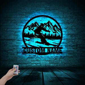 Personalized Skiing Wooden Wall Art With Rgb Led Light, Skier Gift, Custom Skiing Sign, Skier name wall decor, Skiing wall decor, Skier gift