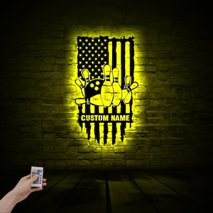 Personalized Bowling Wooden Wall Art: RGB LED US Flag Sign