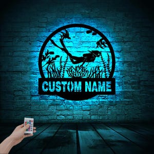 Personalized Scuba Diver Wooden Wall Art With Rgb Led Light, Scuba Diver Gift, Custom Scuba Diving Sign, Scuba Diver name wall decor