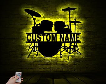 Personalisierte Drum Set Holzwandkunst mit RGB-LED-Licht