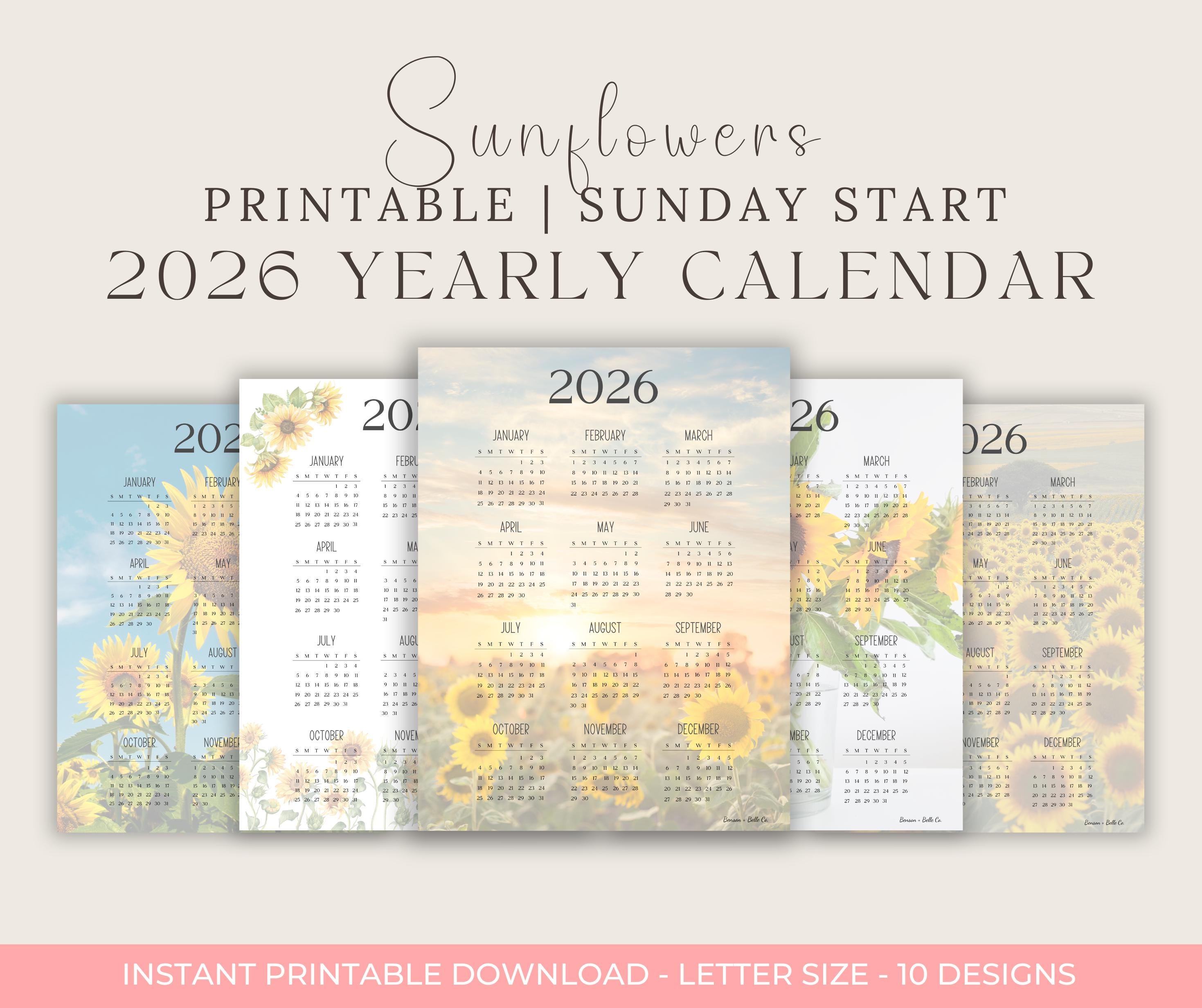 2026 Sunflowers Printable Calendar | Digital Download | 10 Floral ...