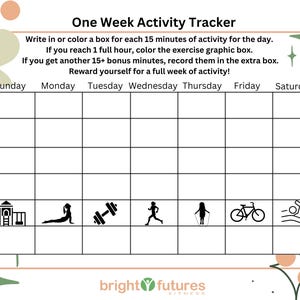 Op de afbeelding: Een witte activiteitentracker met een raster voor het bijhouden van dagelijkse oefeningen. De tracker bevat pictogrammen voor verschillende activiteiten zoals speeltuin, yoga, gewichten, hardlopen, touwtjespringen, fietsen en zwemmen. De tekst bovenaan luidt "One Week Activity Tracker".