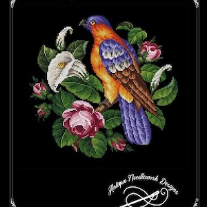 May include: A cross-stitch design featuring a colorful parrot perched amidst roses and greenery. The parrot has orange, blue, and brown feathers. The design is set against a black background and includes the text "Antique - Berlin Floral Parrot".