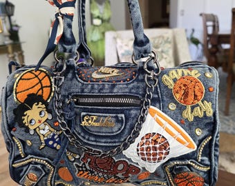 Blue denim top handle junk purse