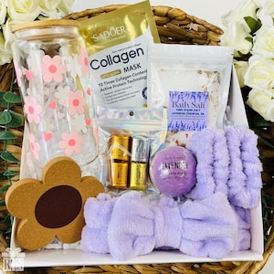 Personalized Spa Gift Box: Lavender Bath Salts, Collagen Mask & Glass Cup