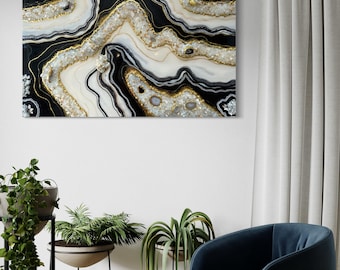 Arte de pared en blanco y negro enorme / 35,4 x 51,2 / Obra de arte de geoda de resina / Decoración del hogar dorada / Decoración del hogar de diseñador / Decoración del hogar moderna / Arte hecho a mano