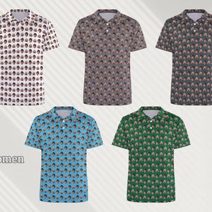 May include: Five different colored polo shirts with a repeating pattern of a person's face. The shirts are in the colors blue, green, white, gray, and black.