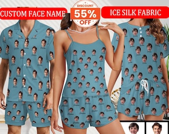 Custom face name Short Pajama Sets|Silk-Like Ice Silk PJs for Women/Men – Perfect Gifts for Family Gatherings, Couple Parties/Birthdays