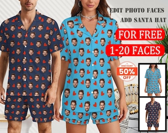 Custom Photo Printed Short Sleeve Pajama Set with Pants,Unisex for Women and Men-Ideal Gift for Couples,Party Favors&Birthday Presents