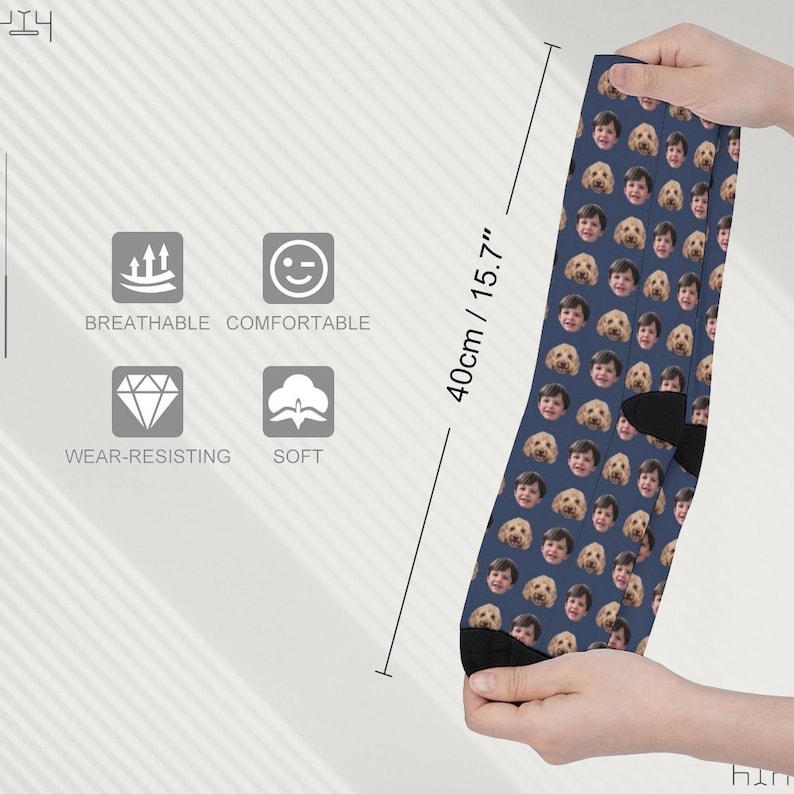 May include: A pair of blue socks with a repeating pattern of a person's face. The socks are 15.7 inches long and are made of breathable, comfortable, wear-resisting, and soft material.