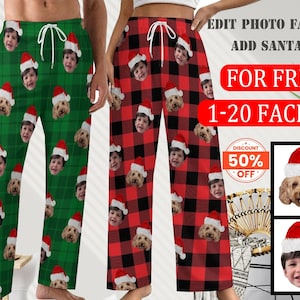 May include: Two pairs of lounge pants featuring a repeating pattern of faces wearing Santa hats. One pair has a green plaid background, and the other has a red and black buffalo plaid background. Both have white drawstrings at the elastic waist.