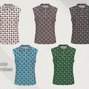 May include: Five sleeveless shirts with a repeating pattern of a person's face. The shirts are in white, gray, green, blue, and black.