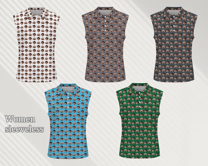 May include: Five sleeveless shirts with a repeating pattern of a person's face. The shirts are in white, gray, green, blue, and black.