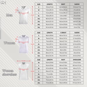 May include: Size chart for a white polo shirt with measurements in inches and centimeters. The chart includes sizes for men, women, and women's sleeveless shirts. The chart shows the length, bust, and sleeve measurements for each size.