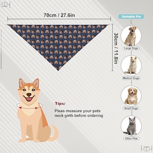 May include: A blue bandana with a pattern of repeated faces, measuring 27.6 inches wide. The bandana is shown on a white background with a diagram of a dog and instructions to measure the pet's neck girth before ordering. The image also shows different sizes of dogs and cats with the text "Suitable For" and the size of each animal.