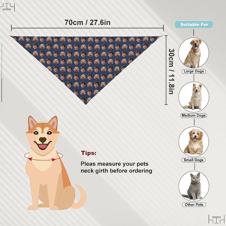 May include: A blue bandana with a pattern of repeated faces, measuring 27.6 inches wide. The bandana is shown on a white background with a diagram of a dog and instructions to measure the pet's neck girth before ordering. The image also shows different sizes of dogs and cats with the text "Suitable For" and the size of each animal.