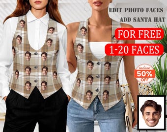 Custom Face Print Women V Neck Sleeveless Suit Waistcoat With Pockets,Mother’s Day Valentine Gift,Custom Face Gift Womens,