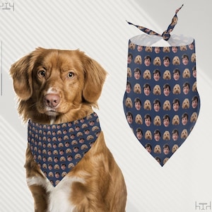 May include: A brown dog wearing a blue bandana with a repeated pattern of a person's face. The bandana is tied around the dog's neck. The bandana is also shown separately, laid flat.