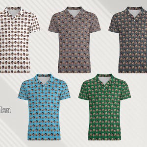May include: Five different colored polo shirts with a repeating pattern of faces. The shirts are in shades of blue, green, white, gray, and black.