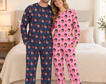Custom Face Couple Pajamas, Personalized Photo Pajama Set for Men and Women, Matching PJs, 24 Colors, Anniversary Gift