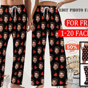 Puede incluir: Un pantalón de pijama negro con un patrón de corazones rojos. El pantalón está cubierto con un patrón repetitivo de caras. El texto "Edit Photo Faces" y "For Free 1-20 Faces" se muestra encima del pantalón. Una pegatina de descuento con el texto "Discount 50% Off" se muestra en el lado derecho de la imagen.