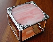 Trinket box, pink iridescent glass lid, with antiqued trim.