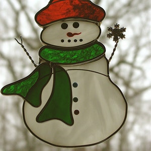 Snowman Window Hanging: Red Hat, Green Scarf, Metal Snowflake (5x7)