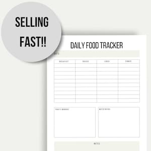 Könnte beinhalten: Ein druckbarer täglicher Ernährungstracker mit Abschnitten für Frühstück, Snacks, Mittagessen, Abendessen, das heutige Training, die Wasseraufnahme und Notizen. Der Tracker hat einen weißen Hintergrund mit schwarzem Text.