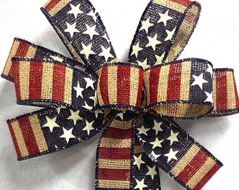 Patriotic Burlap Rustic Wreath Bow, Smaller Size Hand Tied Bow, July 4th Bow, Red Natural & Blue Lantern Bow, USA Wreath Bow, America 250
