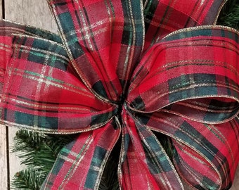 Tartan Christmas Bow, Gold Edge Red Tartan Plaid Wired Bow, Window Bow, Plaid Christmas Bow, Red Green Tartan Wired Holiday Bow, Garland Bow