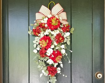 Dahlia and Eucalyptus Wreath, Summer Wreaths for Front Door, Summer Door Decor, Americana Decor, Fourth of July Wreath, Farmhouse Wreath