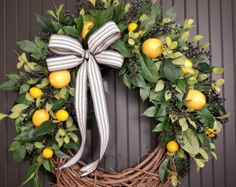 Summer Wreaths for Front Door, Lemon Blueberry Wreath, Everyday Wreath, Lemon Wreath for Front Door, Lemon Decor, Fruit Wreath for Kitchen